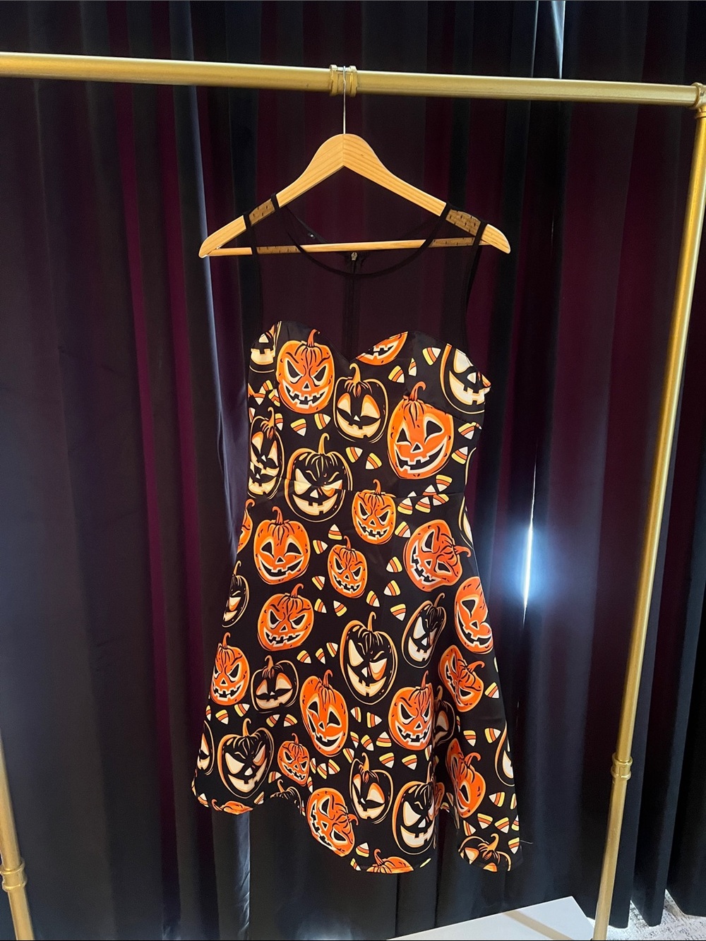 Halloween Pumpkin Print Black Fit-and-Flare Dress